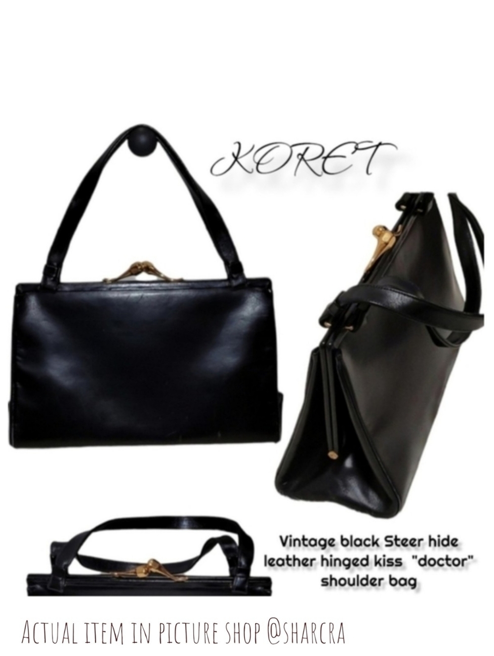 Vintage KORET Black Steer leather golden hinged doctor kiss shoulder Handbag